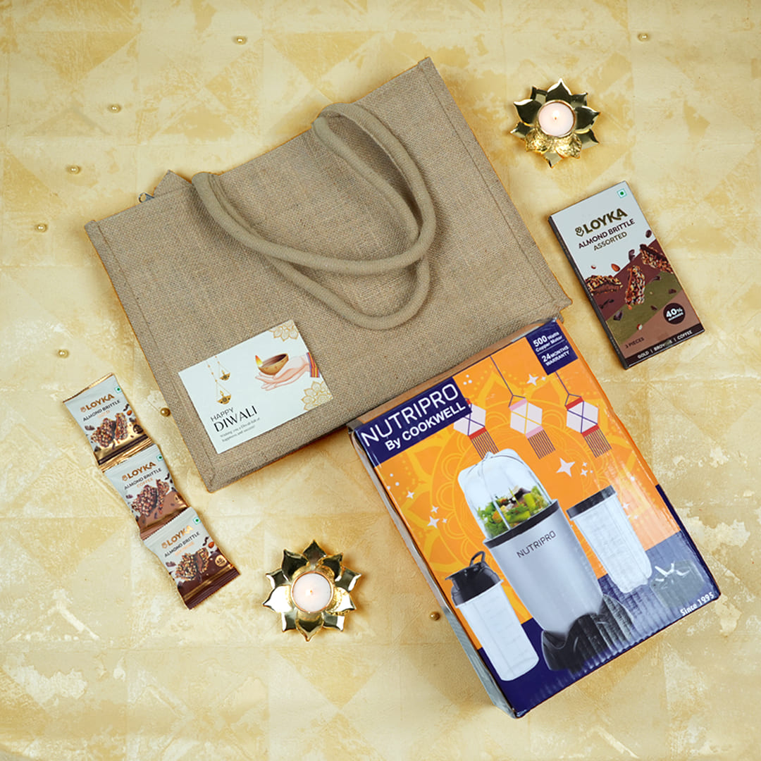 Diwali Tech & Treats Gifts Set - Blender, Brittle & Jute Bag